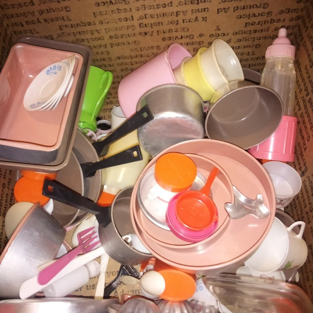 Box Lot Of Vintage Toy Dishes Pots Pans Dollhouse Playset